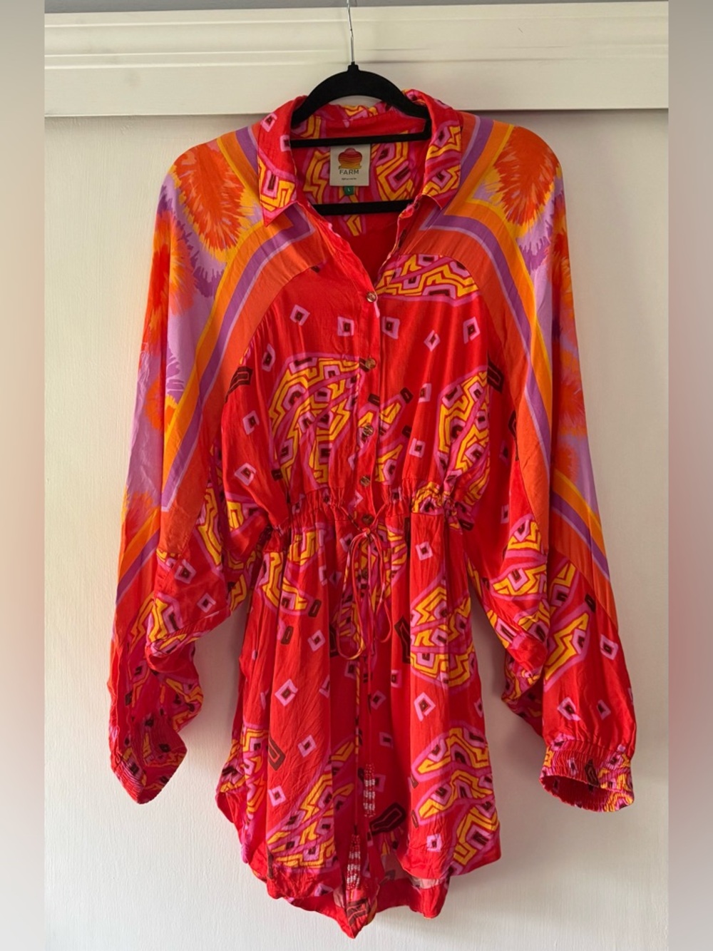 Farm Rio- Size L- Red Tiki Bananas Scarf Sleeve Romper